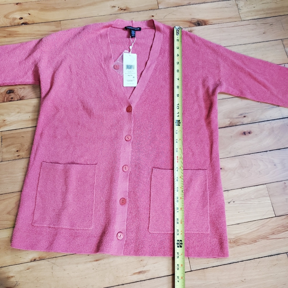 Eileen Fisher Organic Linen Crepe Stretch Boyfriend Cardigan "Coral" - Picture 7 of 10
